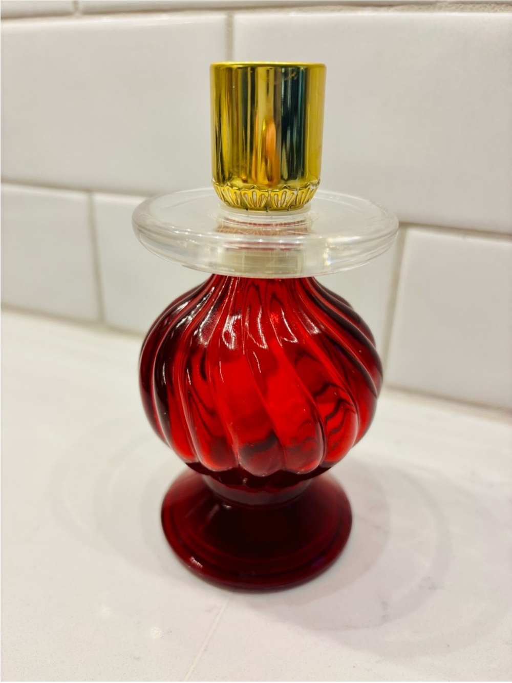 Vintage Avon Candlestick Brocade Cologne Bottle - Ruby Red Glass 4 oz